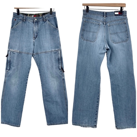Vintage 2002 Tommy Hilfiger Cargo Jeans Distressed Medium Wash Blue Boys 18 2/4 - Picture 1 of 16